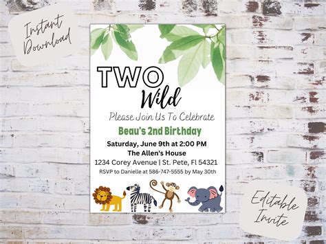 Editable Two Wild Birthday Party Invitation, Too Wild Birthday Invite