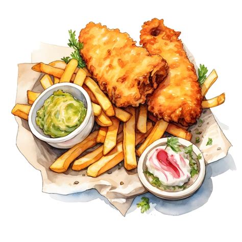 Um Desenho De Um Prato De Comida Peixe E Batatas Fritas E Guacamole