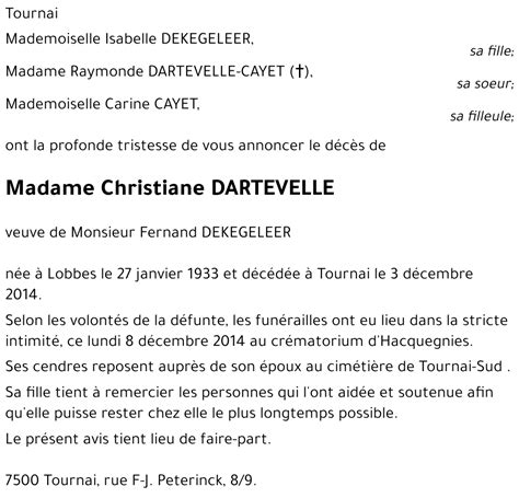 Avis De Décès De Christiane Dartevelle Décédé Le 03 12 2014 à Tournai