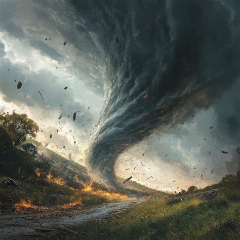 A Powerful Tornado Descends Upon A Rural Landscape Swirling Debris And