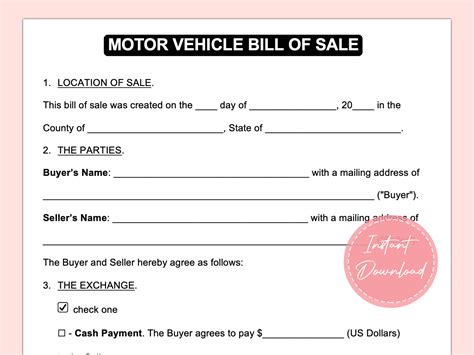 Bill Of Sale Bill Of Sale Form Bill Of Sale Template Instant Download A4 Etsy