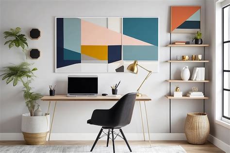 Premium Photo | A home office with a floating shelf desk and abstract ...