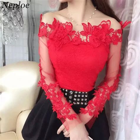 Neploe 2018 New Women Blouse Summer Fashion Sexy Hollow Out Lace Shirts Slash Neck Long Sleeve