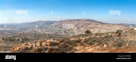 Panorama of Nablus (Shomron or Shechem), Mount Ebal and Mount Gerizim ...