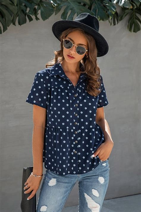 Polka Dotted Blouses With Short Sleeve And Button Down