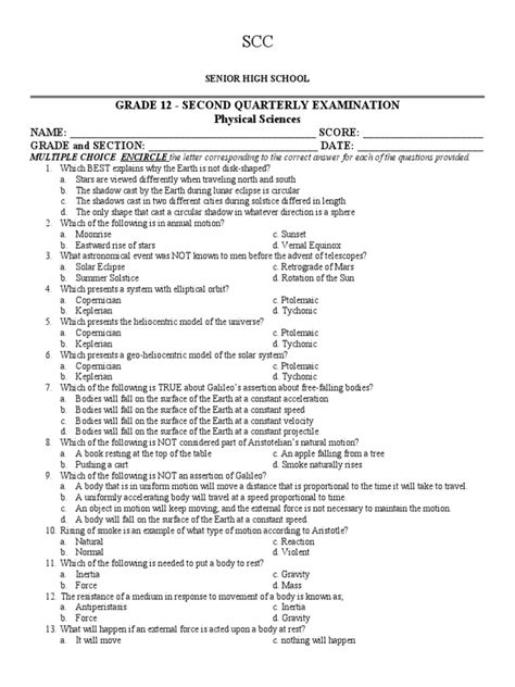 Grade 12 Physical Science Second Quarterly Examination Pdf Reflection Physics Force