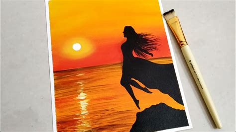 A Lonely Girl In A Sunset Seascape Beach Landscape Painting Tutorial Step By Step Acrylic