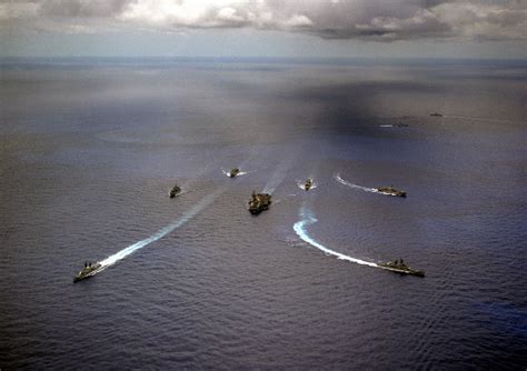 An Aerial Bow View Of Ships Of Carrier Battle Group Charlie Fanning Out