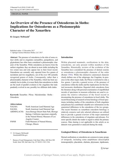 An Overview Of The Presence Of Osteoderms In Sloths Implications For