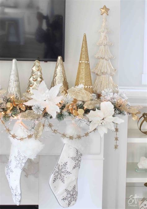 Glam White And Gold Living Room Christmas Tree And Mantel Glam Christmas