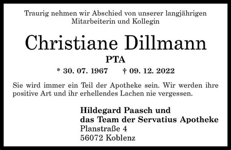 Traueranzeigen Von Christiane Dillmann Rz Trauer De