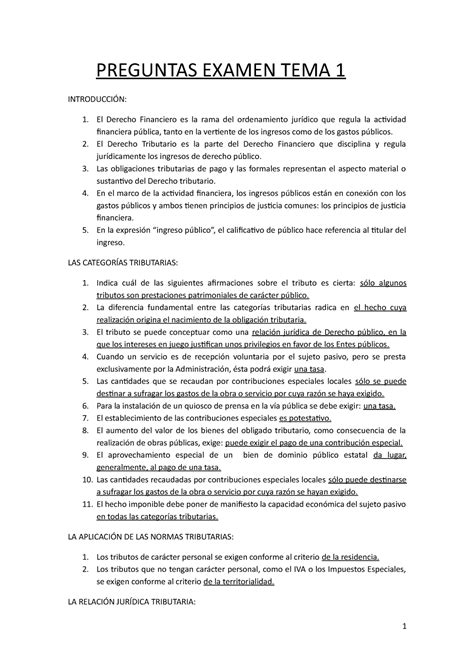 Preguntas Examen Tributario PREGUNTAS EXAMEN TEMA 1 INTRODUCCIÓN 1