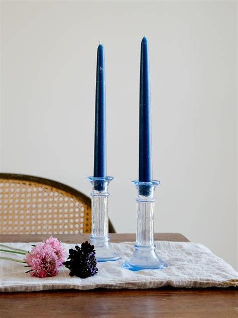 Blue Glass Candle Holders Set Of 2 Blue Glass Candlestick Etsy Glass Candlesticks