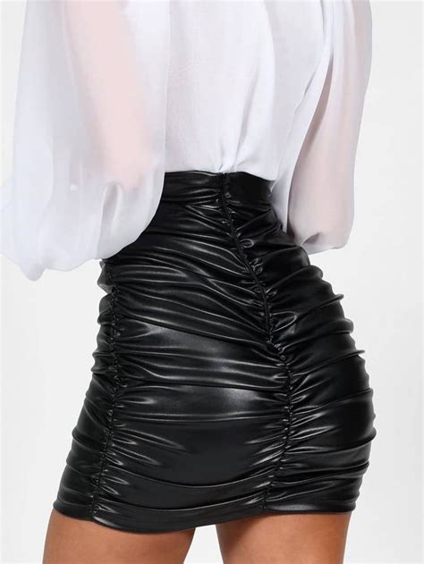 Pu Leather Ruched High Waist Black Short Mini Bottom Stretch Skirt