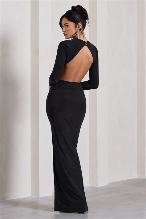 Miley Black Long Sleeved Open Back Wrap Maxi Dress Club L London Usa