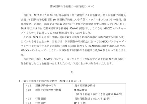 3350 メタプラネット 第9回新株予約権の一部行使について（20240422 1400提出）