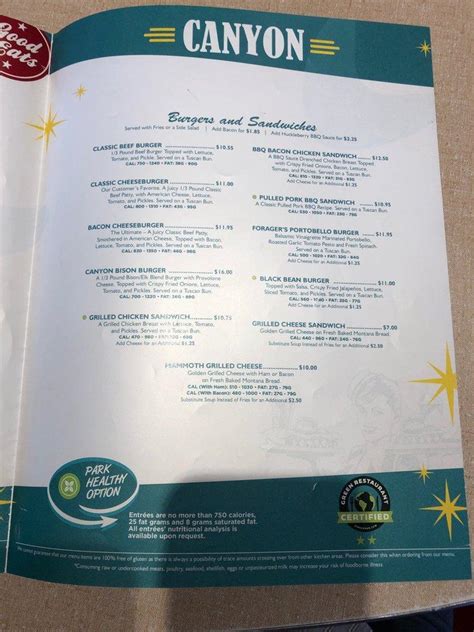 Menu at Canyon Fountain and Grill restaurant, USA