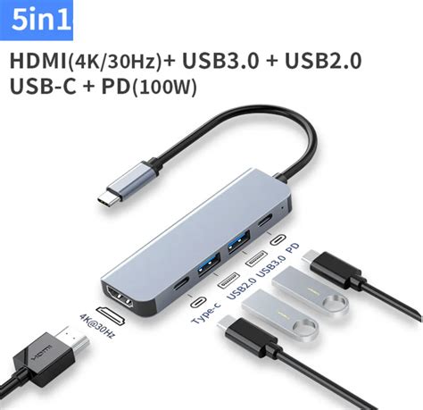 5 In 1 PD USB 3 0 2 5 Hub Type A C Concentrator Extension Thunderbolt 3