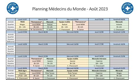 Planning Août 2023 Médecins du Monde Guyane Promo Santé