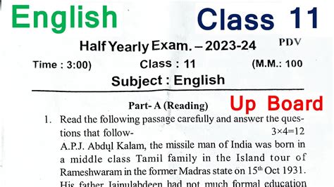 Class English Half Yearly Exam Paper Class English