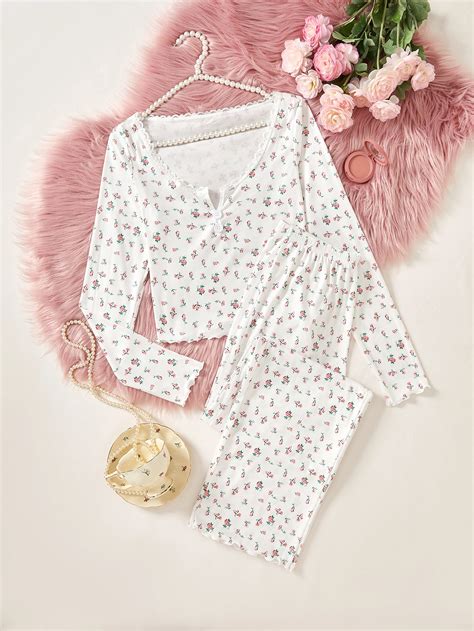 Women S Sleepwear Ditsy Floral Print Lettuce Trim Pajamas Set Elastic