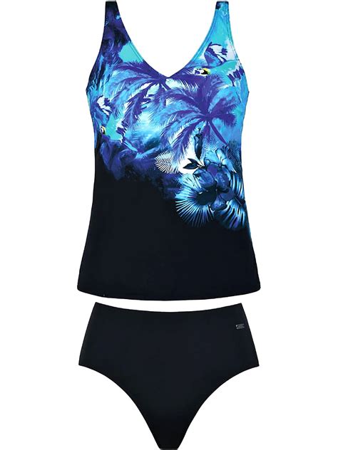 Naturana Black Royal Blue Palm Print Soft Padded Tankini Set Size