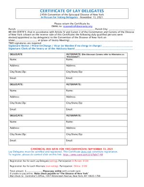 Fillable Online CERTIFICATE OF LAY DELEGATES Cvent Fax Email Print