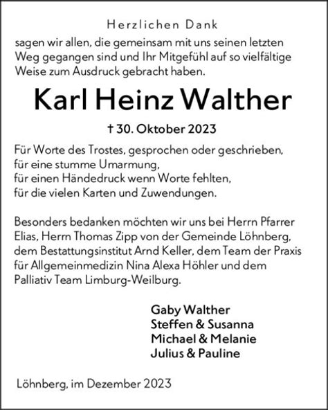 Traueranzeigen Von Karl Heinz Walther Vrm Trauer De