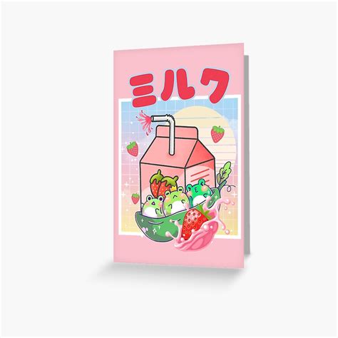 Kawaii Vaporwave Frogs Strawberry Milk Cottagecore Greeting Card For