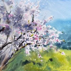 Almond Blossom Painting Original Watercolor Spring Landscape - Etsy