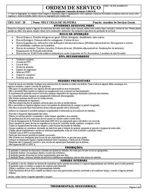 Cbo De Servicos Gerais - Ordem de Serviço: CBO: 5143 - 20 Nome: NELY CELIA DE OLIVEIRA Função ...
