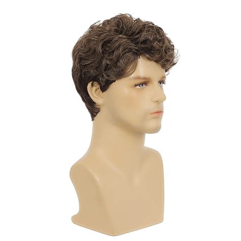 Mens Short Brown Curly Wig Costume Halloween Wig Natural Synthetic Hair