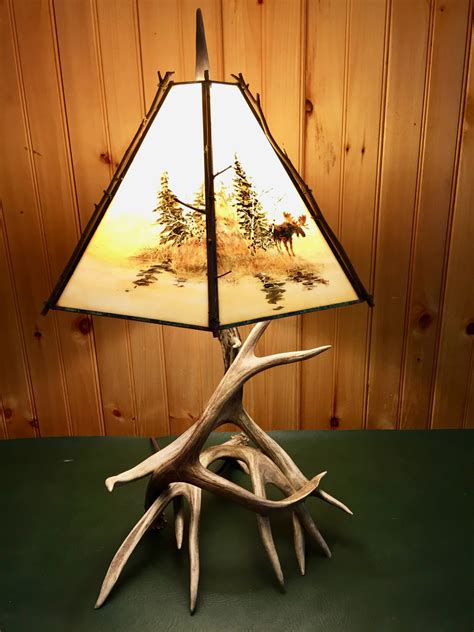 Real Deer Antler Table Lamp With Custom Stained Glass Shade Mad River