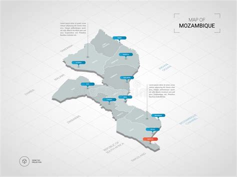 Isometric Mozambique Map With City Names And Administrative Divisions