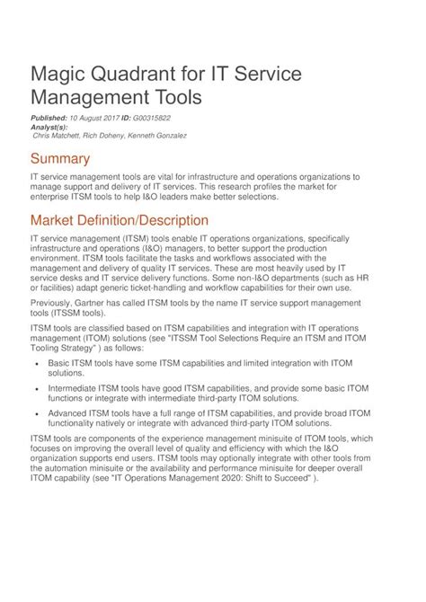 PDF Magic Quadrant For IT Service Management Tools 2018 5 17