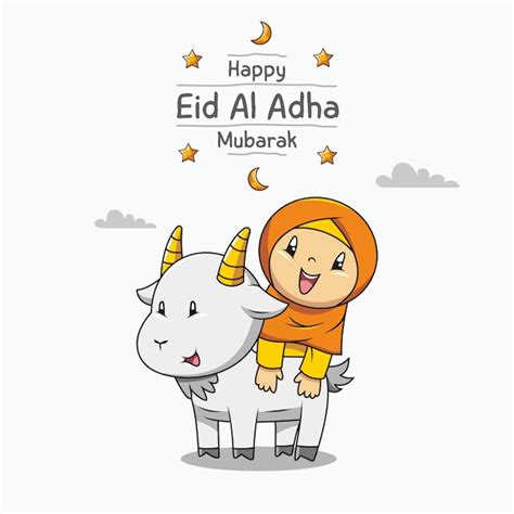 Premium Vector Happy Eid Al Adha Mubarak Hand Drawn Cute Muslim Girl