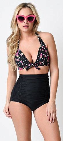 Unique Vintage Black Dot Pink Floral Monroe Bikini Top Unique Vintage