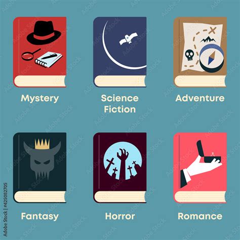 List Of Fiction Genres Set Of Books With Themed Covers Mystery