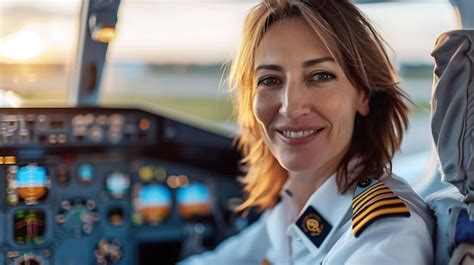 Premium Photo Cheerful And Confident Female Pilot In Uniform Sitting In Cockpit And Looking At