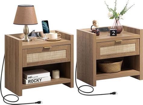 Sicotas Night Stand Set Of Nightstands Rattan Bed Side Table With