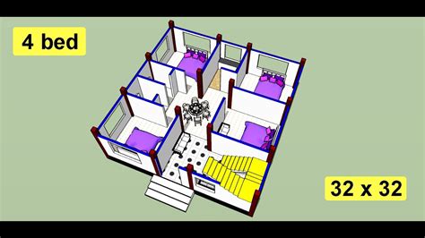 32 X 32 House Plan Design With 4 Bedroom II 32 X 32 Ghar Ka Design II 4