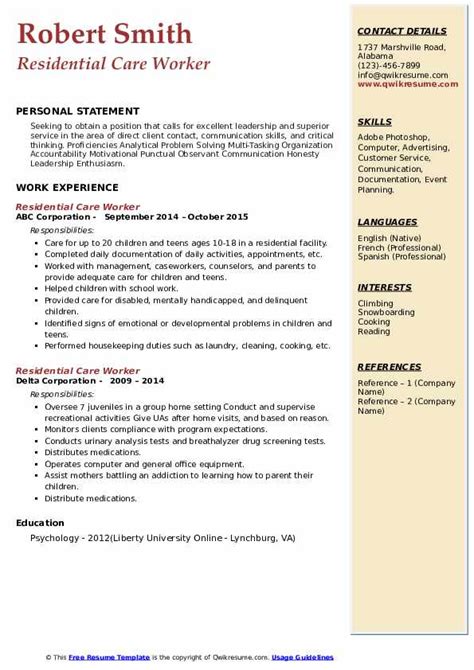 Residential Care Worker Resume Samples Qwikresume