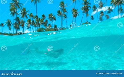 HALF UNDERWATER Girl In Bikini Snorkeling And Exploring The Exotic Ocean Floor Stock Image