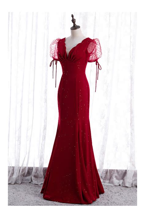 Mermaid Slim Long Burgundy Red Prom Dress Vneck With Sleeves 93 9888