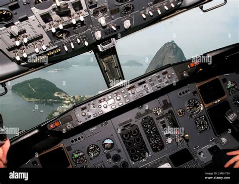 Cockpit of a passenger plane. View from the cockpit during Stock Photo ...