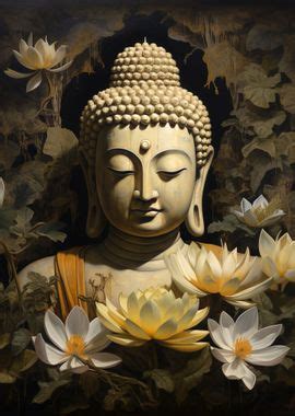 Buddha And Lotus Flowers Poster Picture Metal Print Paint By