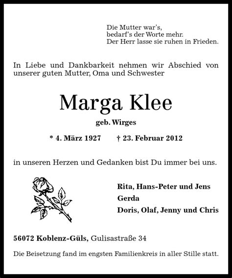 Traueranzeigen Von Marga Klee Rz Trauer De