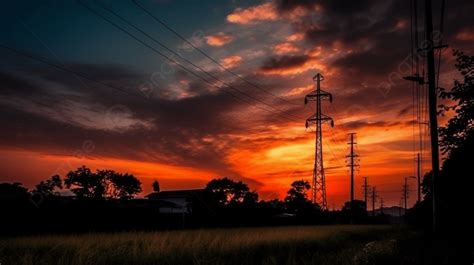 Fondo Líneas Eléctricas Y Silueta Al Atardecer Fotografía Fondo Un