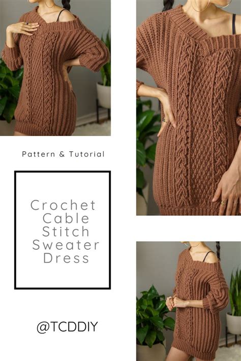 The Crochet Sweater Dress Pattern Is Shown In Three Different Views Including An Open Neck