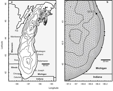 Map of Lake Michigan (a), showing the spatial domain of Finite Volume ...